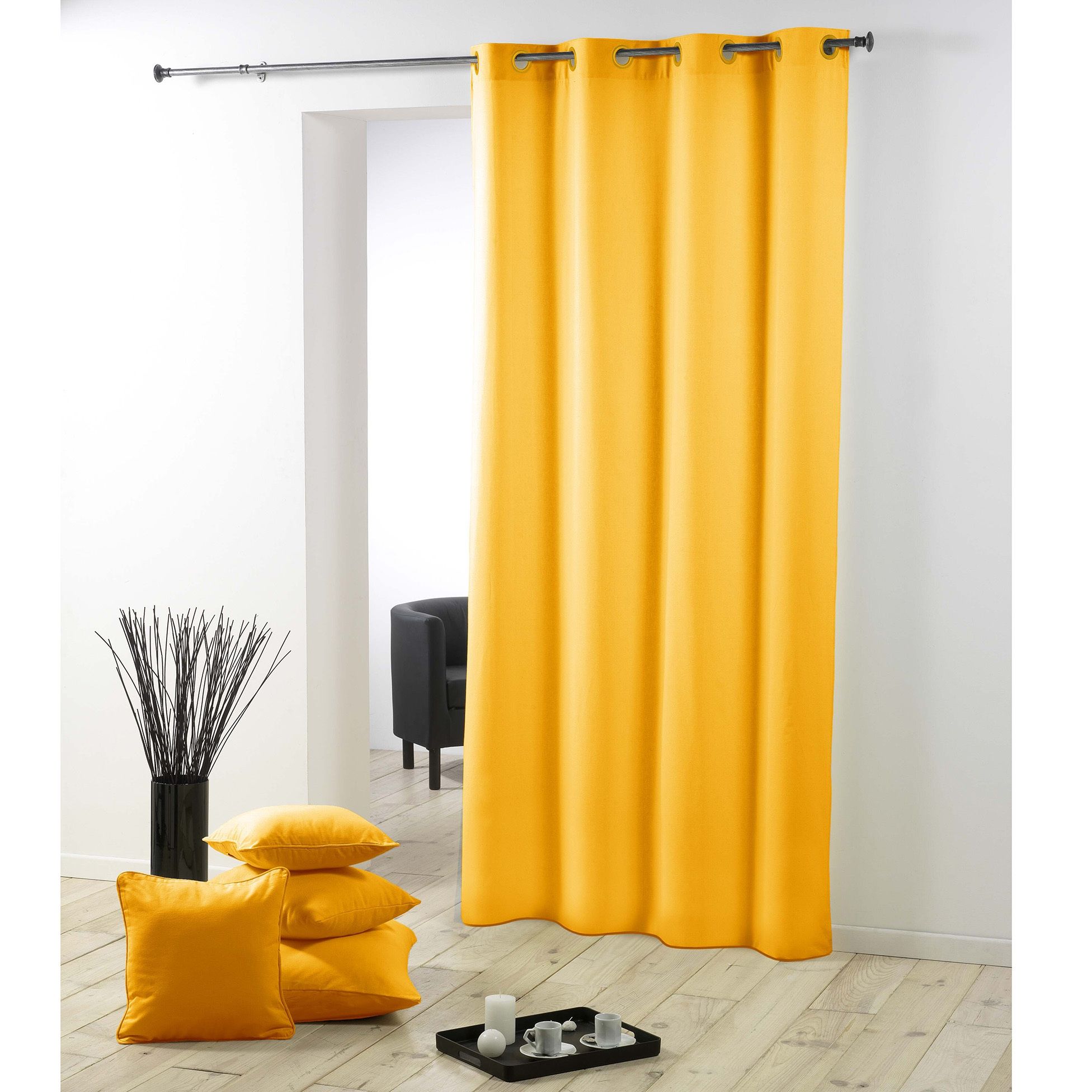 Rideau A Oeillets Plastique Polyester Uni Essentiel Jaune 140 X 260 Cm